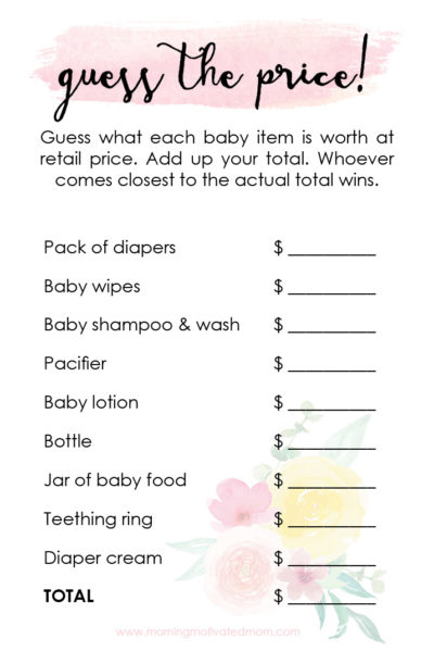 Guess the Price Baby Shower Game for