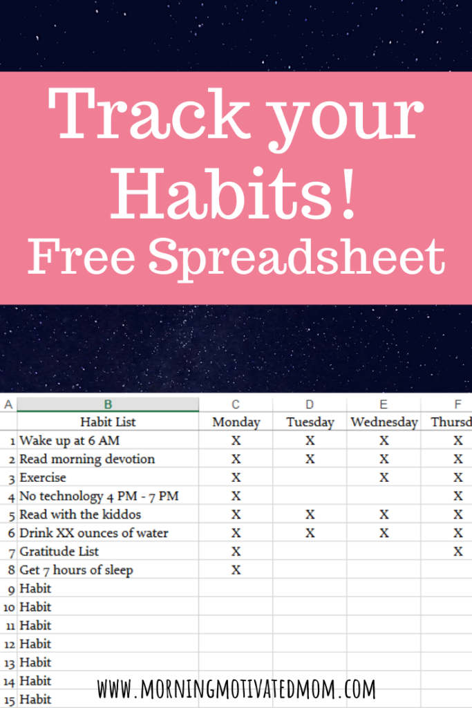 Get the FREE Habit Tracker Spreadsheet to help track your habits each day. List out the habits or tasks you want to complete each day. Place an X when you complete the task. Look for the spreadsheet to calculate and see the word SUCCESS once you have completed the tasks for the week! Manage your time well and be intentional with your priorities when tracking your habits. 