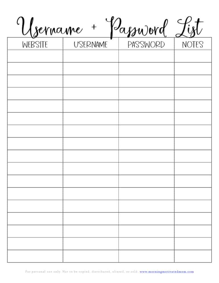 Password Keeper Printable – Morning Motivated Mom